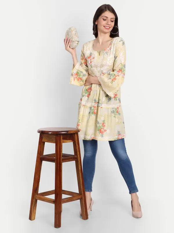 Lemon_Yellow_Lucknow_Chikankari_Hand_Embroidered_Tiered_Kurti_Malmal_Cotton