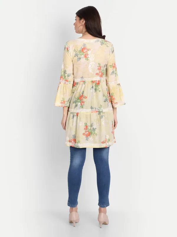 Lemon_Yellow_Lucknow_Chikankari_Hand_Embroidered_Tiered_Kurti_Malmal_Cotton