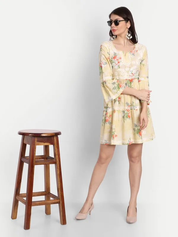 Lemon_Yellow_Lucknow_Chikankari_Hand_Embroidered_Tiered_Kurti_Malmal_Cotton