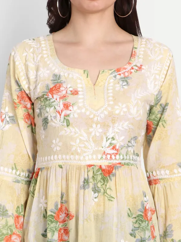 Lemon_Yellow_Lucknow_Chikankari_Hand_Embroidered_Tiered_Kurti_Malmal_Cotton