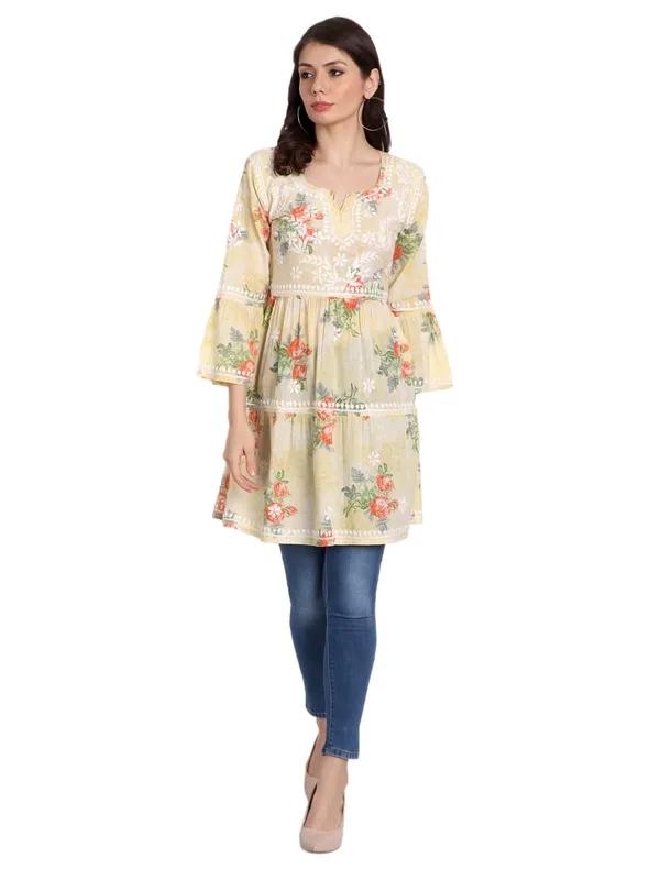Lemon_Yellow_Lucknow_Chikankari_Hand_Embroidered_Tiered_Kurti_Malmal_Cotton