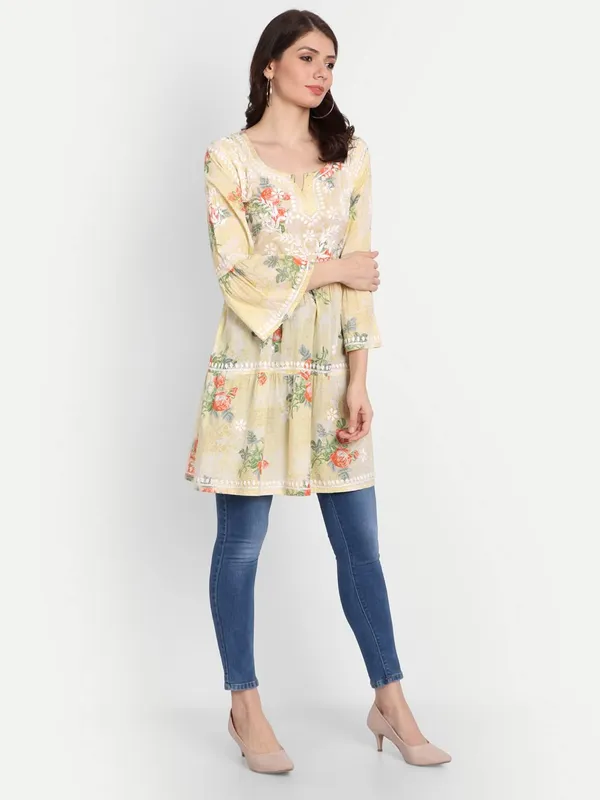 Lemon_Yellow_Lucknow_Chikankari_Hand_Embroidered_Tiered_Kurti_Malmal_Cotton