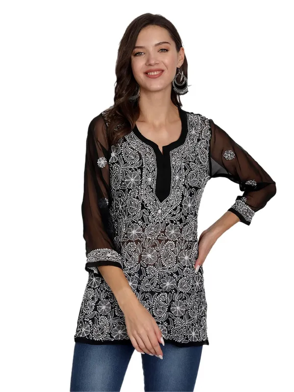 Charismatic_Black_Lucknow_Chikankari_Hand_Embroidered_Tops/Blouse_Short_Kurti_Georgette