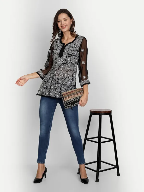 Charismatic_Black_Lucknow_Chikankari_Hand_Embroidered_Tops/Blouse_Short_Kurti_Georgette