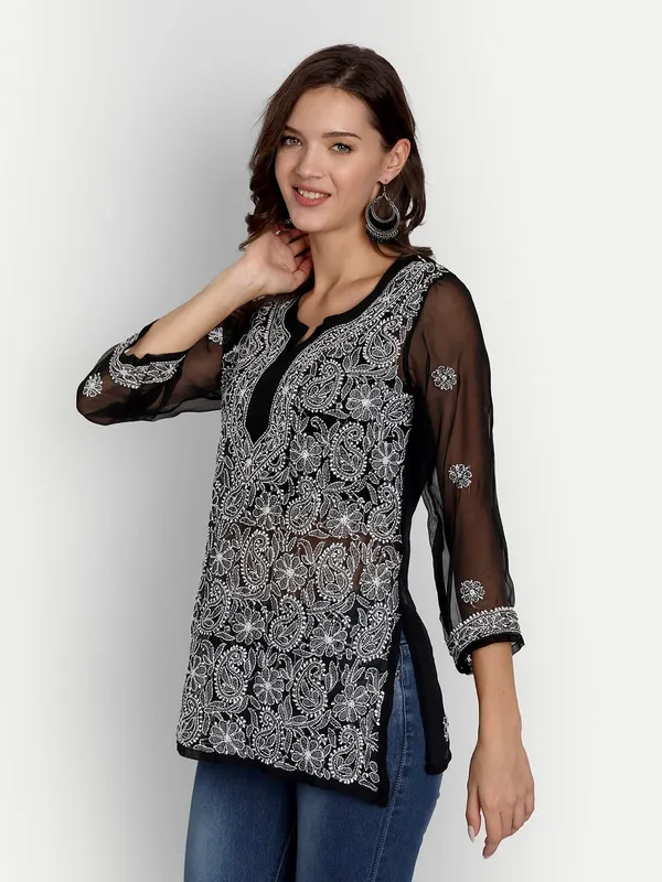 Charismatic_Black_Lucknow_Chikankari_Hand_Embroidered_Tops/Blouse_Short_Kurti_Georgette