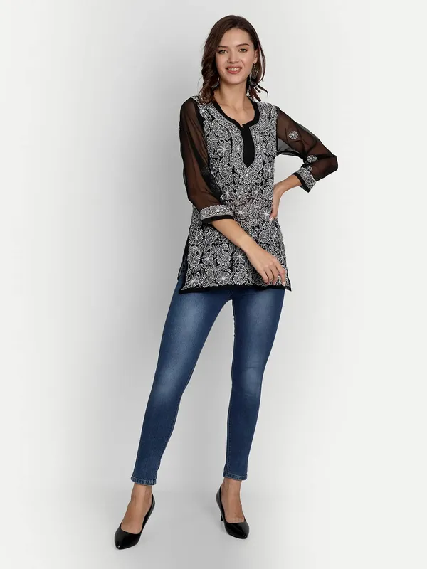 Charismatic_Black_Lucknow_Chikankari_Hand_Embroidered_Tops/Blouse_Short_Kurti_Georgette
