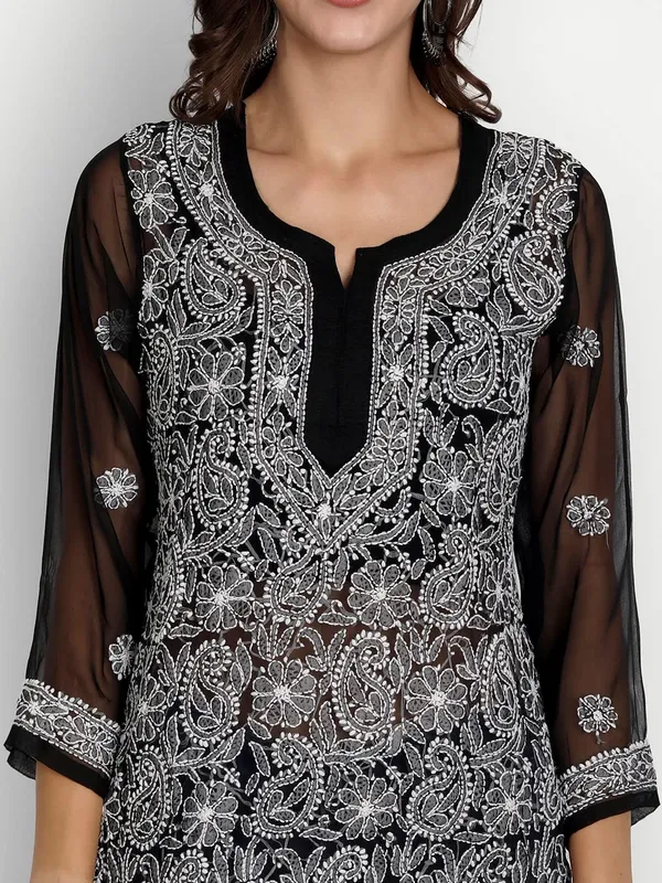Charismatic_Black_Lucknow_Chikankari_Hand_Embroidered_Tops/Blouse_Short_Kurti_Georgette