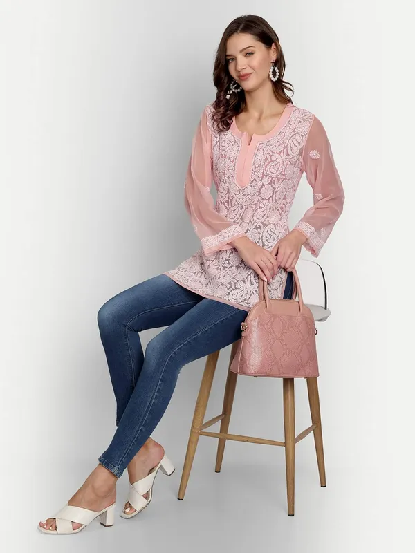 Peachpuff_Lucknow_Chikankari_Hand_Embroidered_Tops/Blouse_Short_Kurti_Georgette