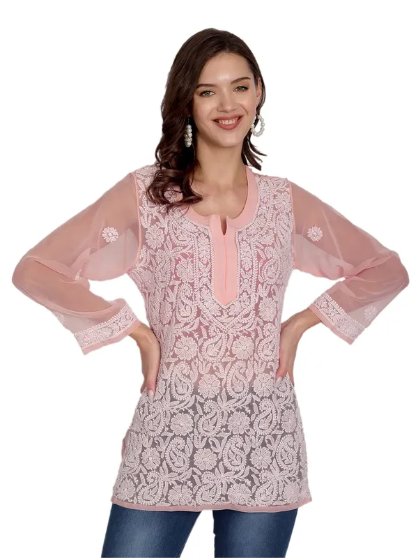 Peachpuff_Lucknow_Chikankari_Hand_Embroidered_Tops/Blouse_Short_Kurti_Georgette