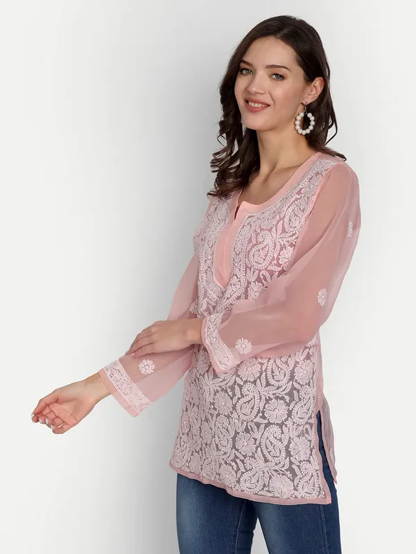 Peachpuff_Lucknow_Chikankari_Hand_Embroidered_Tops/Blouse_Short_Kurti_Georgette