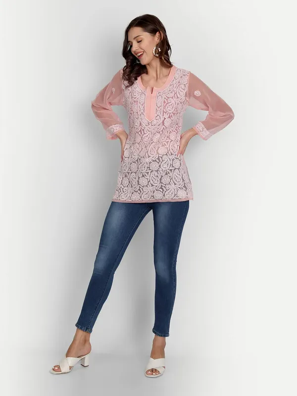 Peachpuff_Lucknow_Chikankari_Hand_Embroidered_Tops/Blouse_Short_Kurti_Georgette