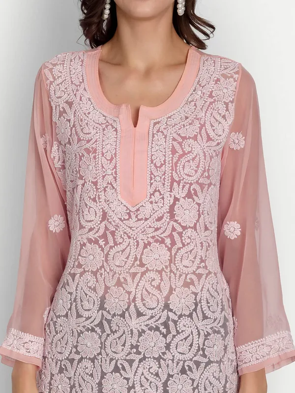 Peachpuff_Lucknow_Chikankari_Hand_Embroidered_Tops/Blouse_Short_Kurti_Georgette