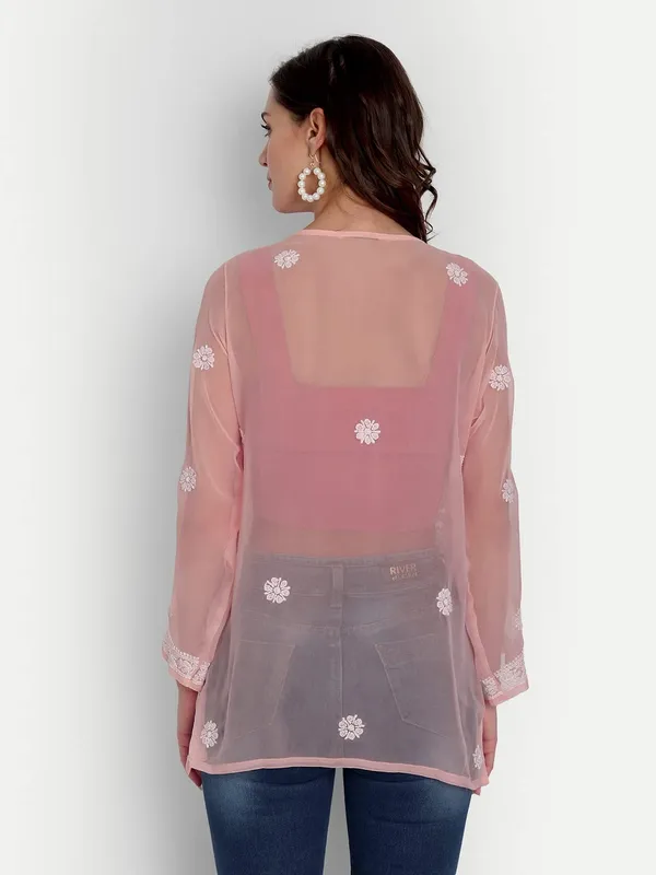 Peachpuff_Lucknow_Chikankari_Hand_Embroidered_Tops/Blouse_Short_Kurti_Georgette