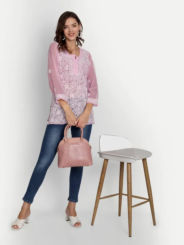 Pretty_Pink_Lucknow_Chikankari_Hand_Embroidered_Tops/Blouse_Short_Kurti_Georgette
