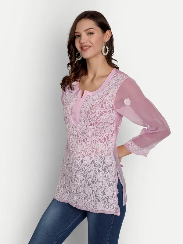 Pretty_Pink_Lucknow_Chikankari_Hand_Embroidered_Tops/Blouse_Short_Kurti_Georgette