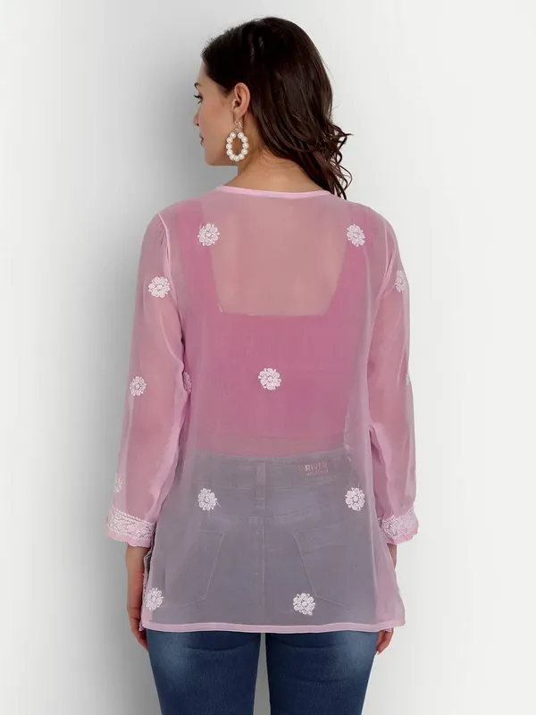 Pretty_Pink_Lucknow_Chikankari_Hand_Embroidered_Tops/Blouse_Short_Kurti_Georgette