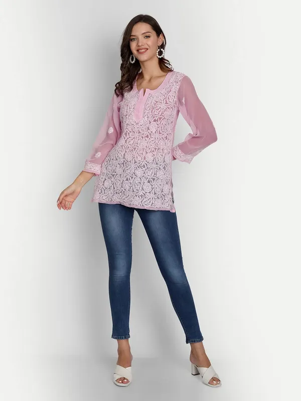 Pretty_Pink_Lucknow_Chikankari_Hand_Embroidered_Tops/Blouse_Short_Kurti_Georgette