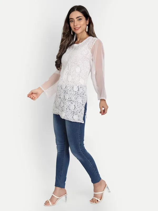 Pristine_White_Lucknow_Chikankari_Hand_Embroidered_Tops/Blouse_Short_Kurti_Georgette