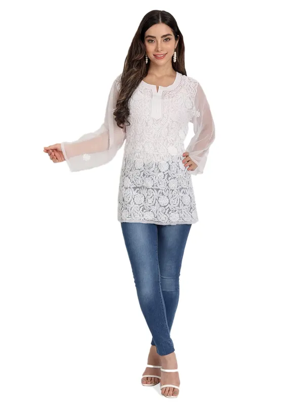 Pristine_White_Lucknow_Chikankari_Hand_Embroidered_Tops/Blouse_Short_Kurti_Georgette