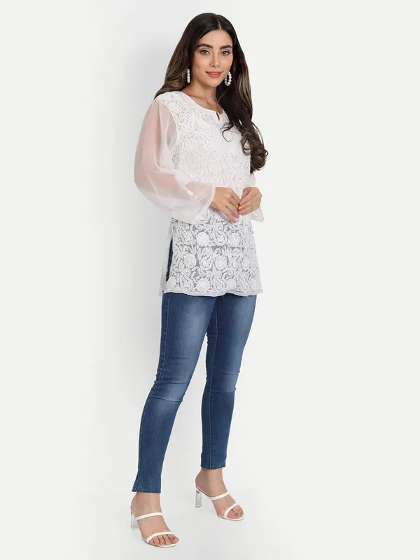 Pristine_White_Lucknow_Chikankari_Hand_Embroidered_Tops/Blouse_Short_Kurti_Georgette