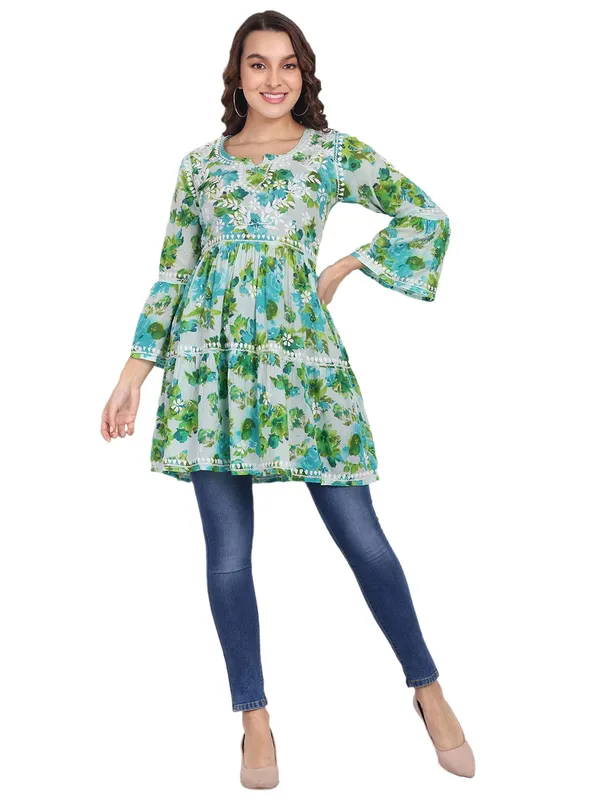 Blue_Lucknow_Chikankari_Hand_Embroidered_Tiered_Kurti_Mulmul_Cotton
