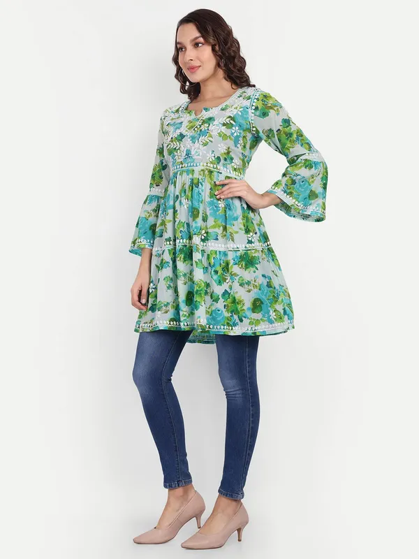 Blue_Lucknow_Chikankari_Hand_Embroidered_Tiered_Kurti_Mulmul_Cotton