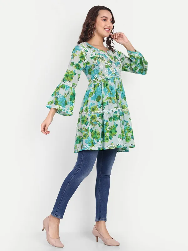 Blue_Lucknow_Chikankari_Hand_Embroidered_Tiered_Kurti_Mulmul_Cotton
