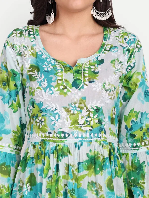 Blue_Lucknow_Chikankari_Hand_Embroidered_Tiered_Kurti_Mulmul_Cotton