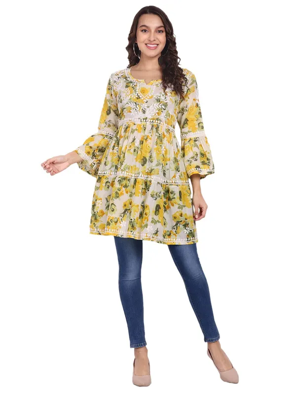 Bright_Yellow_Lucknow_Chikankari_Hand_Embroidered_Tiered_Kurti_Malmal_Cotton