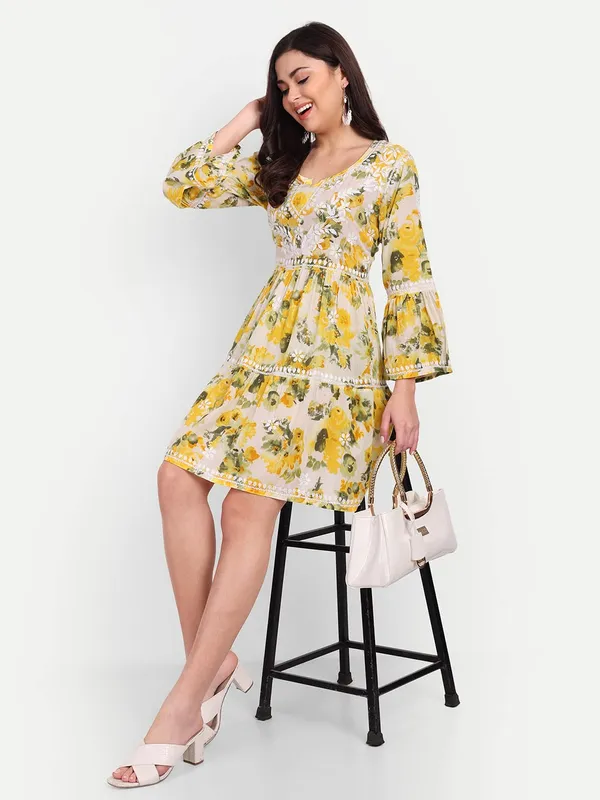 Bright_Yellow_Lucknow_Chikankari_Hand_Embroidered_Tiered_Kurti_Malmal_Cotton