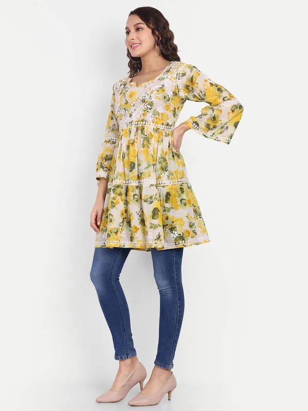 Bright_Yellow_Lucknow_Chikankari_Hand_Embroidered_Tiered_Kurti_Malmal_Cotton