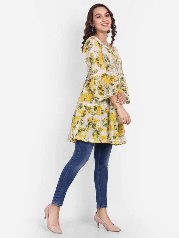 Bright_Yellow_Lucknow_Chikankari_Hand_Embroidered_Tiered_Kurti_Malmal_Cotton