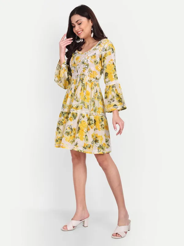 Bright_Yellow_Lucknow_Chikankari_Hand_Embroidered_Tiered_Kurti_Malmal_Cotton