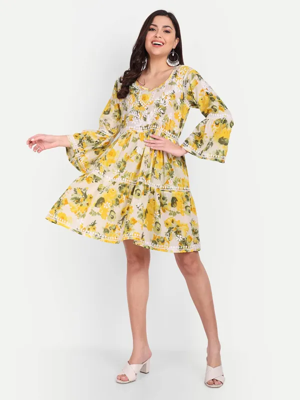 Bright_Yellow_Lucknow_Chikankari_Hand_Embroidered_Tiered_Kurti_Malmal_Cotton