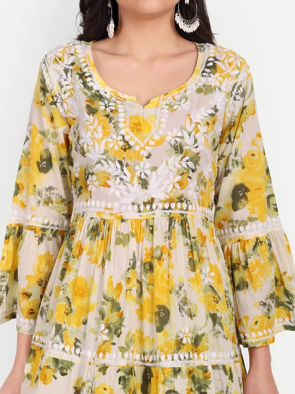 Bright_Yellow_Lucknow_Chikankari_Hand_Embroidered_Tiered_Kurti_Malmal_Cotton