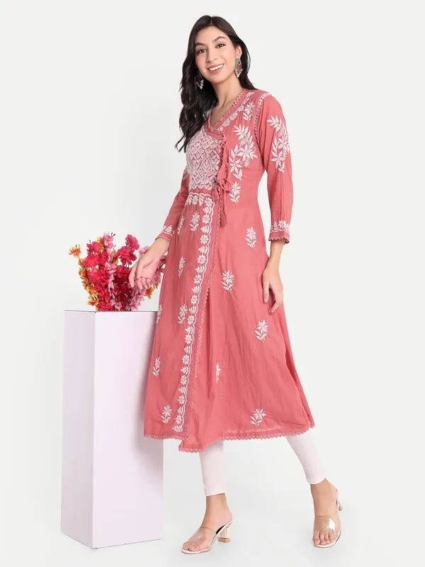 Coral_Chikankari_Hand_Embroidered_Angrakha_Kurta_Pure_Cotton