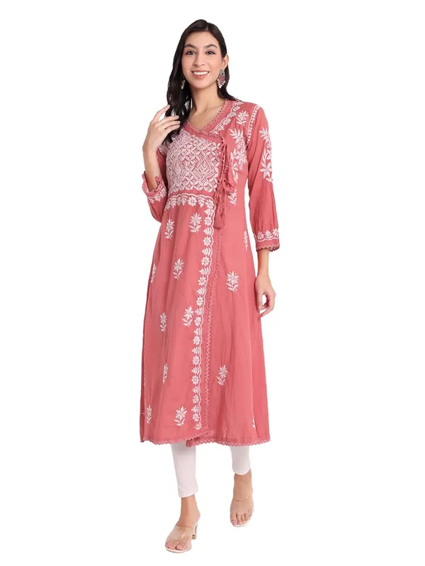Coral_Chikankari_Hand_Embroidered_Angrakha_Kurta_Pure_Cotton