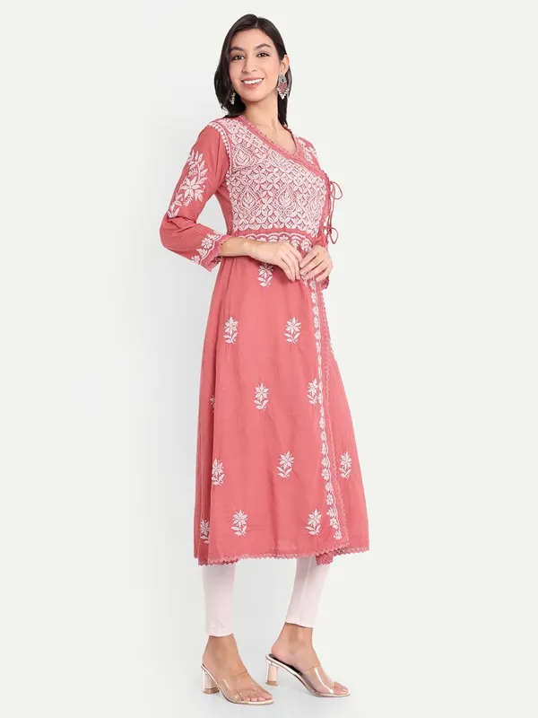 Coral_Chikankari_Hand_Embroidered_Angrakha_Kurta_Pure_Cotton