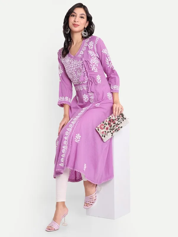 Lavender_Chikankari_Hand_Embroidered_Angrakha_Kurta_Pure_Cotton