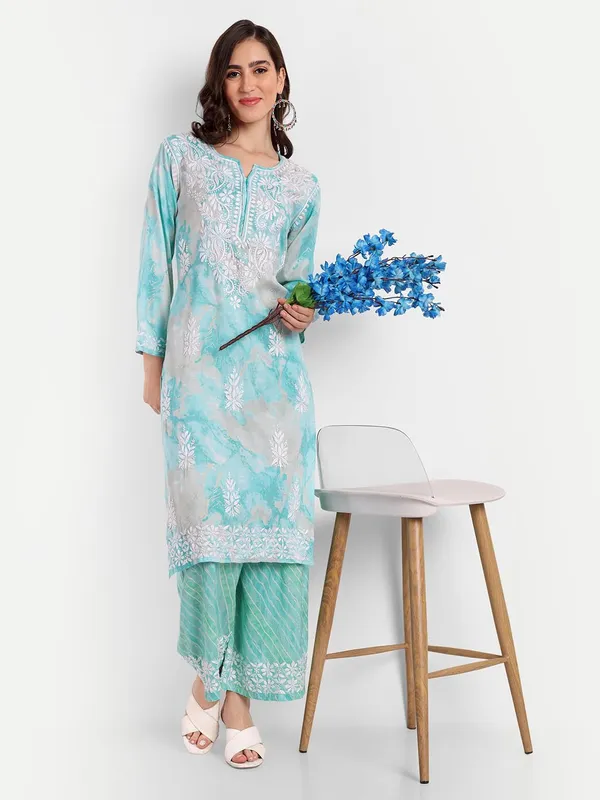 Sea_Blue_Lucknowi_Chikankari_Hand_Embroidered_Long_Kurti_Palazzo_Set_Rayon_Slub