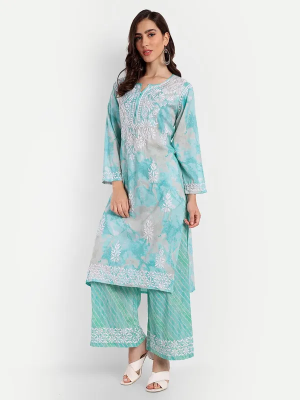 Sea_Blue_Lucknowi_Chikankari_Hand_Embroidered_Long_Kurti_Palazzo_Set_Rayon_Slub
