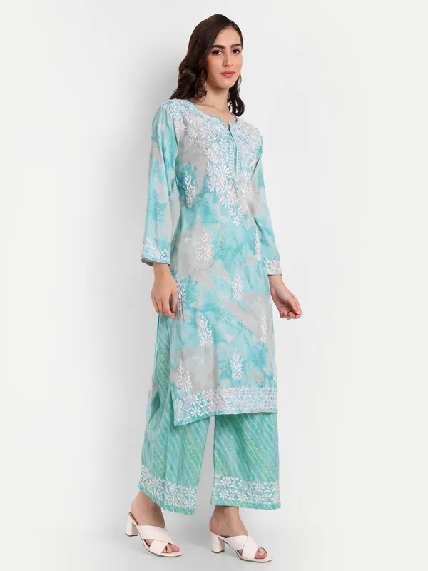 Sea_Blue_Lucknowi_Chikankari_Hand_Embroidered_Long_Kurti_Palazzo_Set_Rayon_Slub