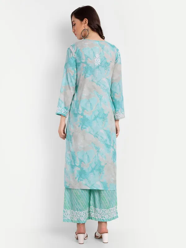 Sea_Blue_Lucknowi_Chikankari_Hand_Embroidered_Long_Kurti_Palazzo_Set_Rayon_Slub