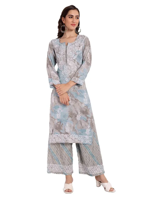 Grey_Lucknowi_Chikankari_Hand_Embroidered_Long_Kurti_Palazzo_Set_Rayon_Slub