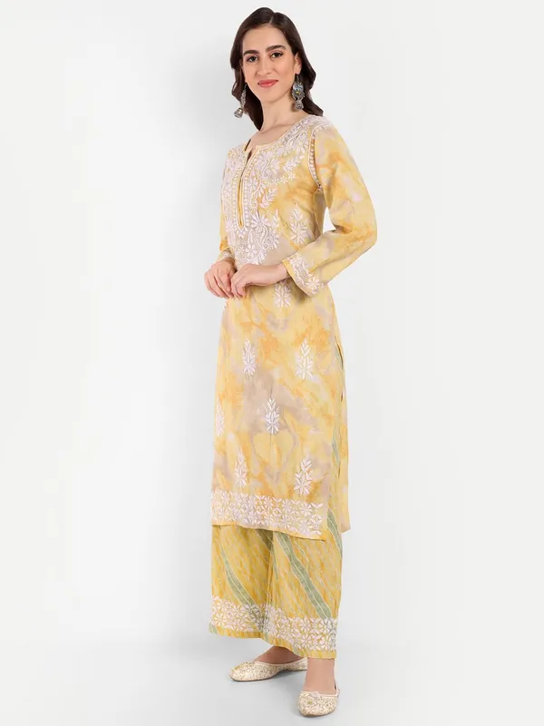 Sunshine_Yellow_Lucknowi_Chikankari_Hand_Embroidered_Long_Kurti_Palazzo_Set_Rayon_Slub