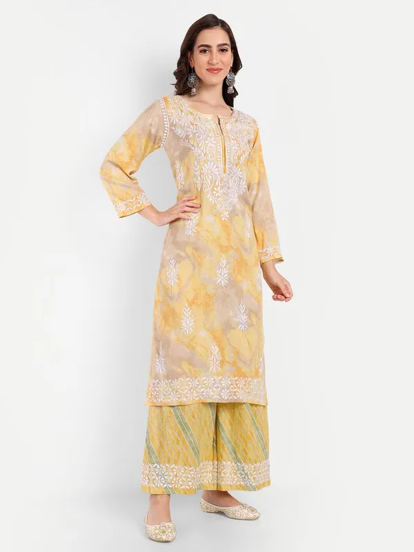 Sunshine_Yellow_Lucknowi_Chikankari_Hand_Embroidered_Long_Kurti_Palazzo_Set_Rayon_Slub