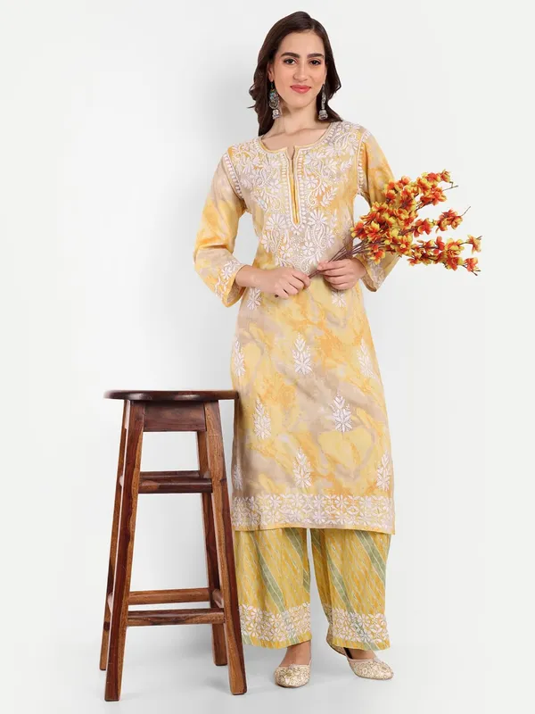 Sunshine_Yellow_Lucknowi_Chikankari_Hand_Embroidered_Long_Kurti_Palazzo_Set_Rayon_Slub