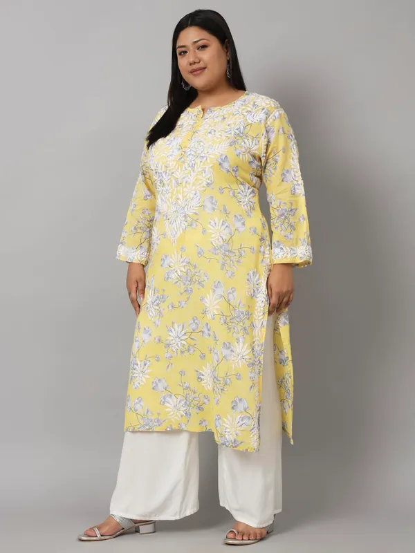 Sunshine_Yellow_Chikankari_Hand_Embroidered_Kurta_Plus_Size_Mulmul_Cotton