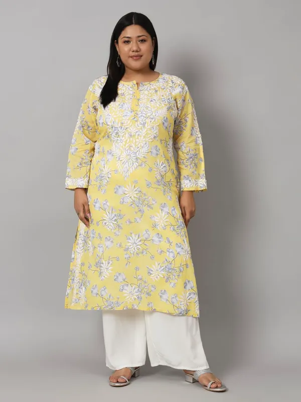 Sunshine_Yellow_Chikankari_Hand_Embroidered_Kurta_Plus_Size_Mulmul_Cotton