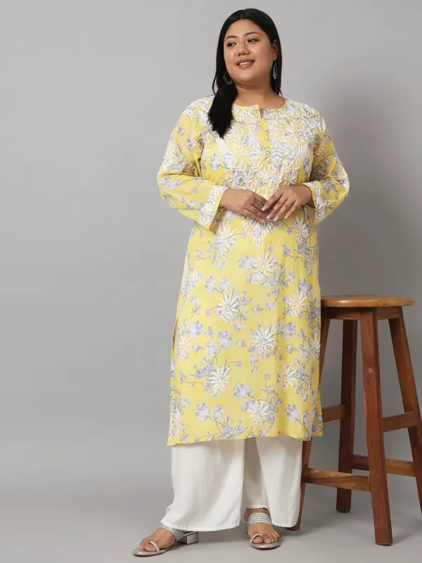 Sunshine_Yellow_Chikankari_Hand_Embroidered_Kurta_Plus_Size_Mulmul_Cotton